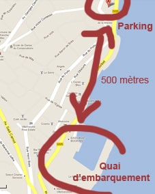 Distance entre le parking et l'embarcadère: 500 mètres
