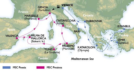 Combiné Méditerranée 14 nuits MSC Poesia, MSC Preziosa